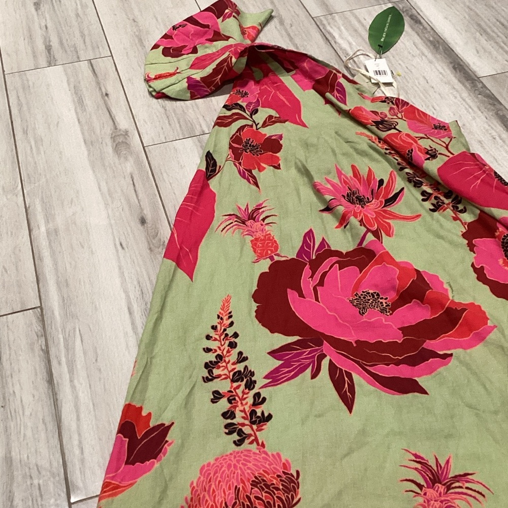 FARM Rio One-Shoulder Floral Dress in Sage Green and Hot Pink
